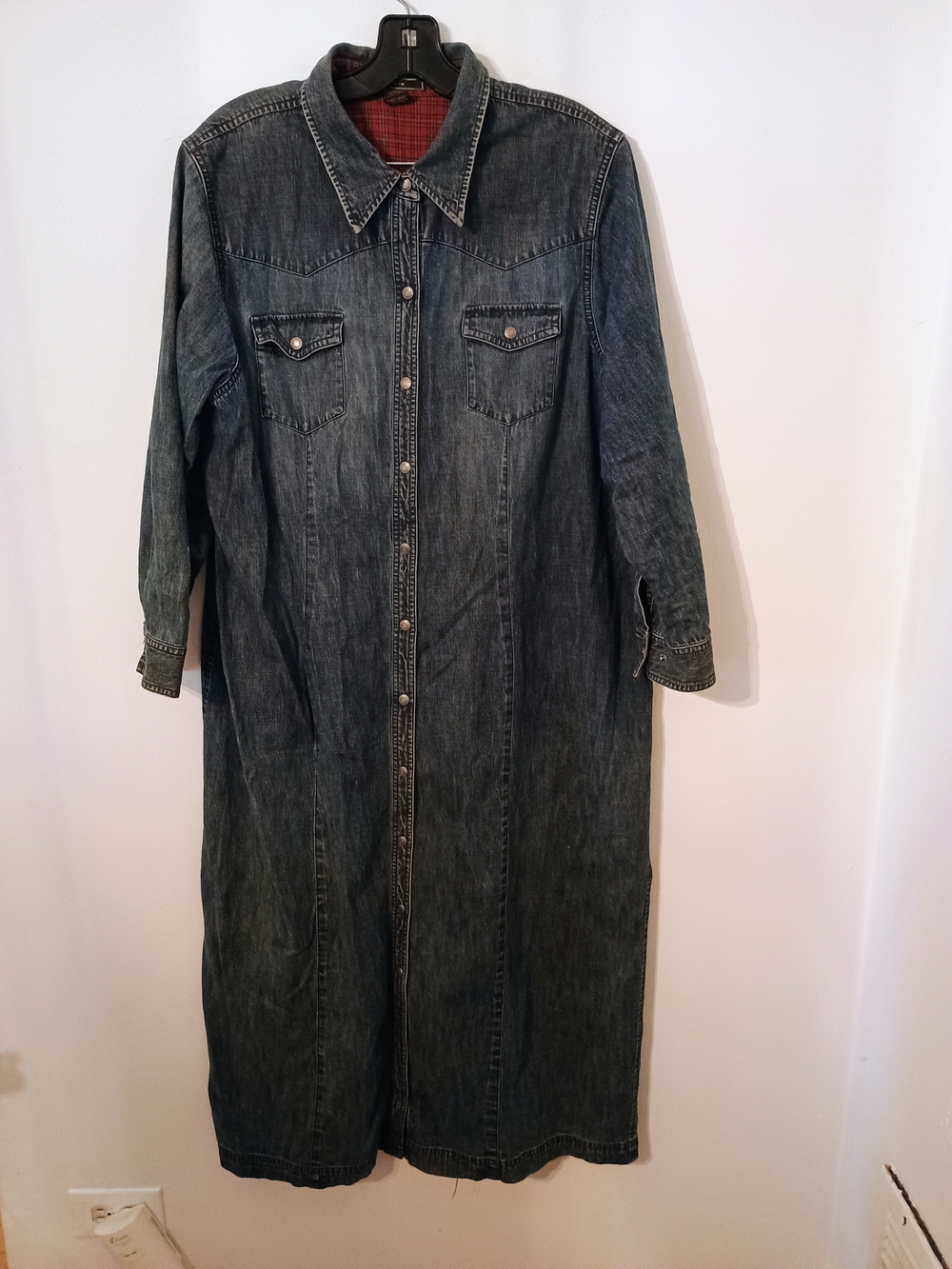 Eddie Bauer Red Plaid Snap Front Lined Denim Shirt Maxi  Dress Petite XL